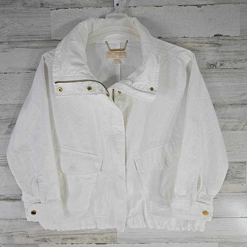 MICHAEL MICHAEL KORS WOMEN'S SIZE LARGE WHITE SNAP FULL ZIP JACKET FLAP POCKETS. - Picture 2 of 16